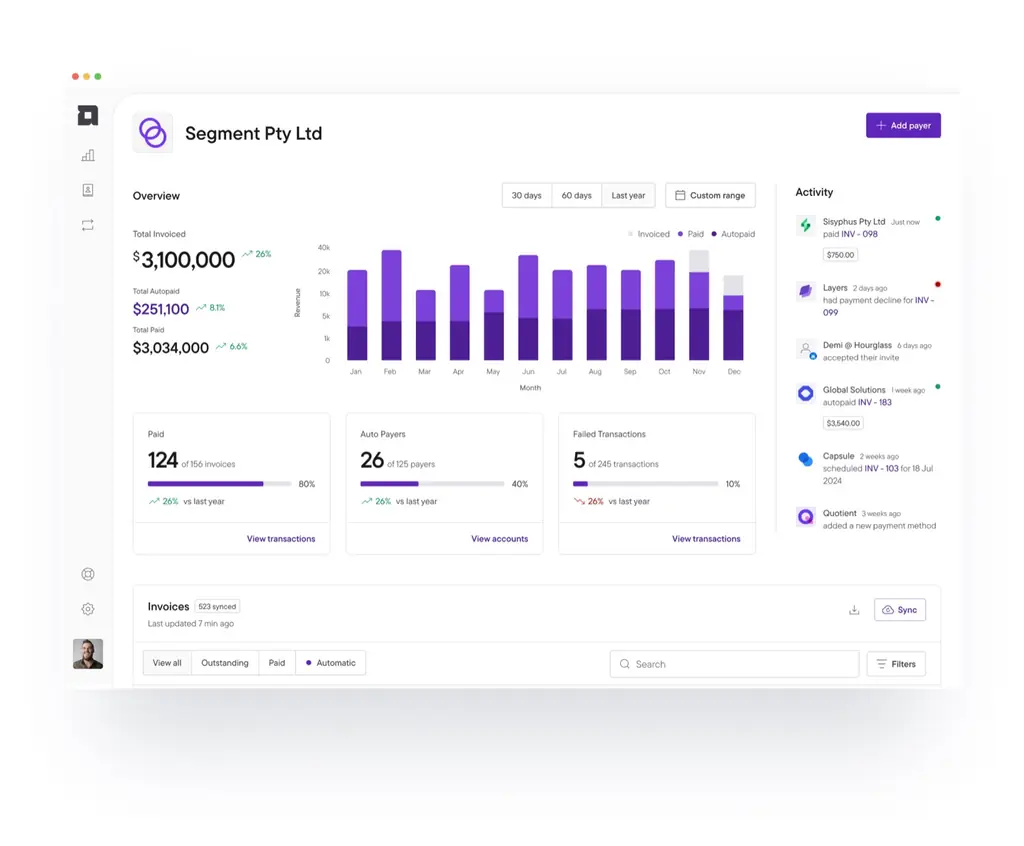 The Autopaid payments dashboard, one of the product surfaces delivered with the design system.