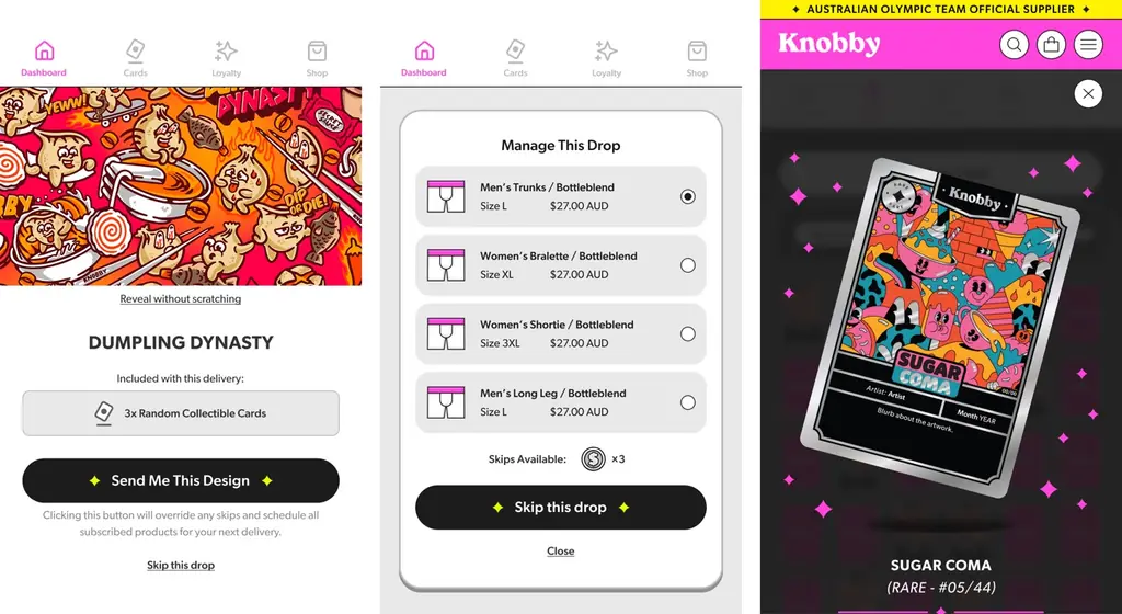 Three screens from the Knobby member portal: the next drop reveal, skipping a month, and a scanned collectable card.