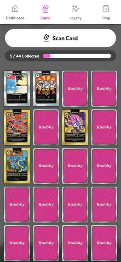 The implemented Knobby collection showing five of 44 cards collected in the demo.