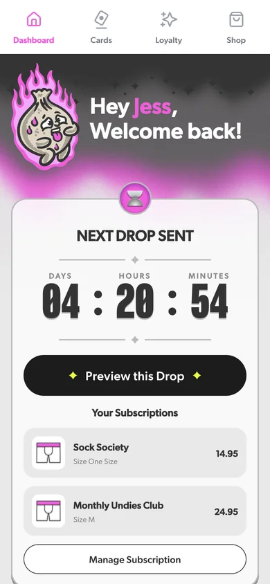 Knobby member dashboard with subscriptions and the next drop, using demo data.