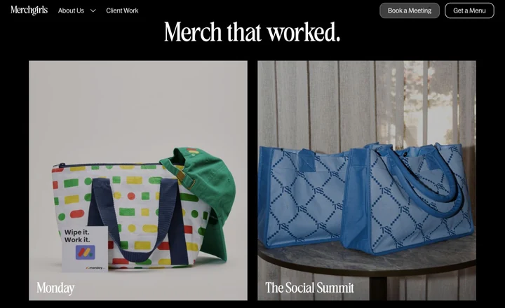 Merchgirls client-work page showing merchandise for Monday and The Social Summit.