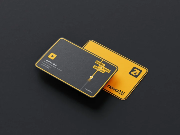 Delivered Novatti business-card mockup carrying the wayfinding identity.